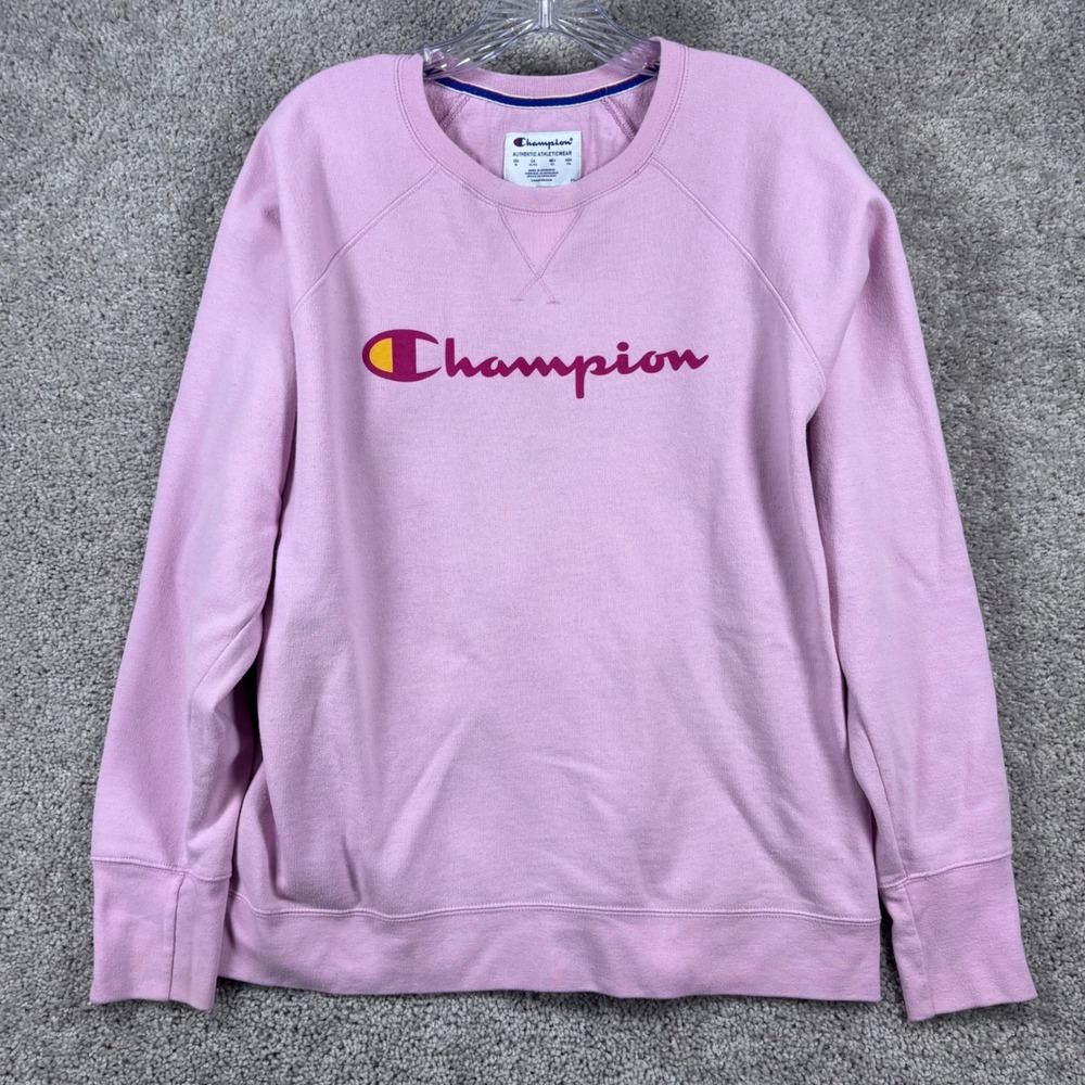 Champion Womens Pink Logo‎ Crewneck Sweatshirt XL Raglan Fleece Pullover